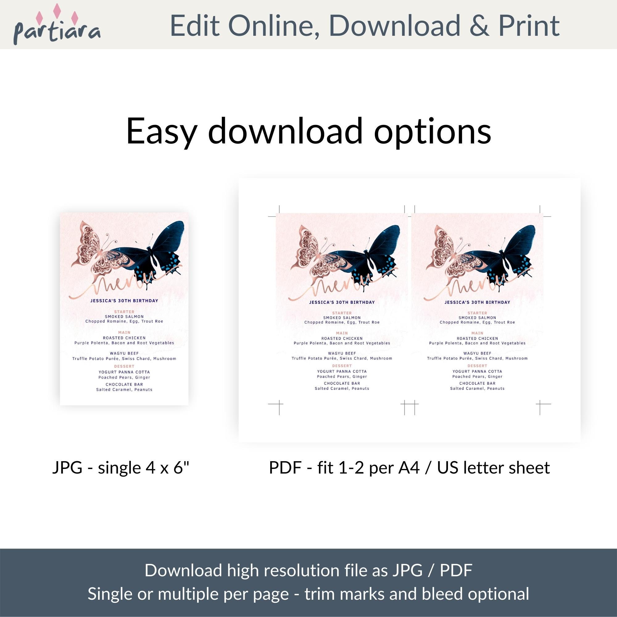 Pink Blue Butterfly Menu Card Printable Ladies Birthday Party Etsy México
