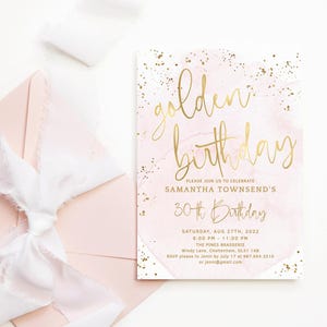 Faire-part d'anniversaire doré pour filles, rose pastel doux et or, invitations à une fête de la chance pour enfants adultes, téléchargement numérique imprimable P132 P249