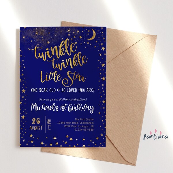 Baby Boy Little Star 1st Birthday Invite Navy Blue and Gold Editable Twinkle Twinkle One Year Old Tea Party Invitation Printable P2 P456