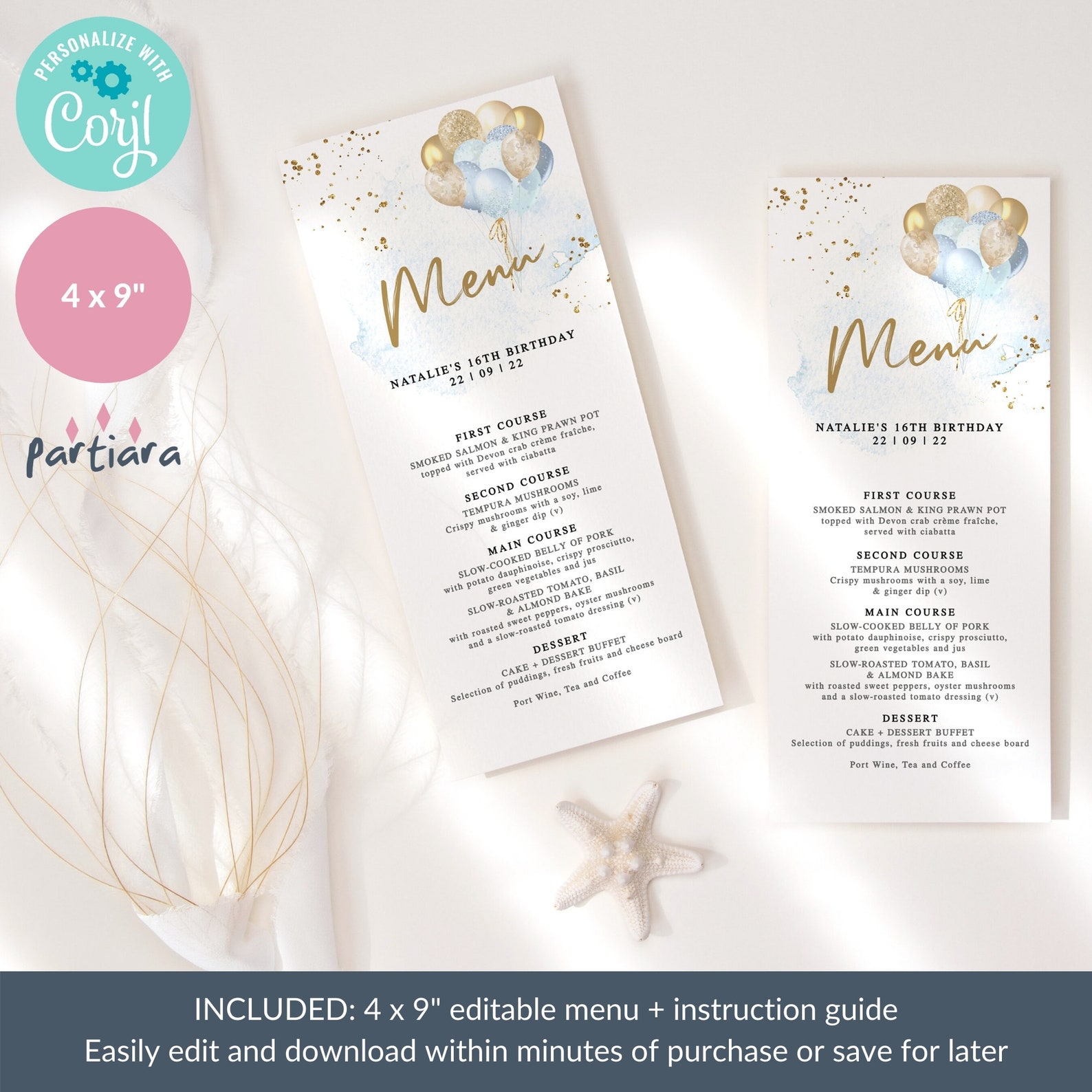 Boy Baby Shower Menu Blue Gold Balloons 1st Birthday Party Etsy