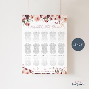 Birthday Seating Chart Floral Pink Dinner Party Sign Printable, Ladies Milestone Events, Editable 18x24 Template Digital Download P173