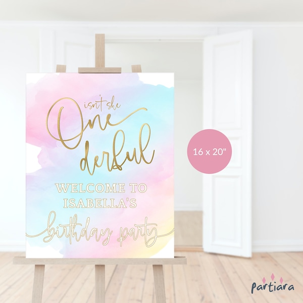 ONEderful 1st First Birthday Party Welcome Sign Girl Printable Rainbow Pastel Tea Party Poster Pink Gold Decor Editable 16x20 Template P179