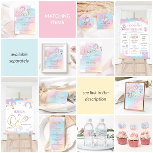 Puede incluir: Un conjunto de decoraciones de fiesta con tem&aacute;tica de unicornio para un primer cumplea&ntilde;os. El conjunto incluye una invitaci&oacute;n imprimible, un cartel de bienvenida, un cartel de n&uacute;mero de mesa, un cartel con datos sobre la ni&ntilde;a de cumplea&ntilde;os, adornos para cupcakes, etiquetas para botellas de agua y etiquetas de agradecimiento. Las decoraciones presentan un fondo de acuarela con colores pastel y detalles dorados.