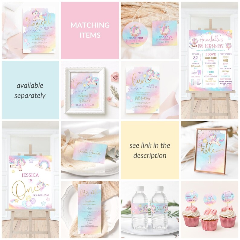 Puede incluir: Un conjunto de decoraciones de fiesta con tem&aacute;tica de unicornio para un primer cumplea&ntilde;os. El conjunto incluye una invitaci&oacute;n imprimible, un cartel de bienvenida, un cartel de n&uacute;mero de mesa, un cartel con datos sobre la ni&ntilde;a de cumplea&ntilde;os, adornos para cupcakes, etiquetas para botellas de agua y etiquetas de agradecimiento. Las decoraciones presentan un fondo de acuarela con colores pastel y detalles dorados.