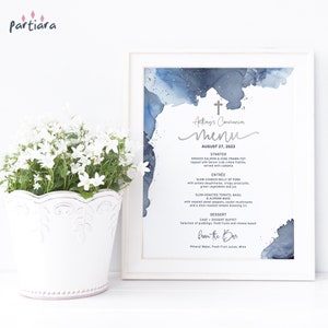 Letrero de menú azul plateado, menú de mesa de buffet de comunión para niños, tarjeta de menú imprimible para bautismo de bebé, plantilla editable con decoración en azul marino y blanco P263