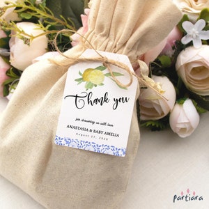 Lemon Thank You Tag Printable, Birthday Citrus Favor Gift Tags, Blue Tile Lemons Decor Bridal Shower Gifts Label, Editable Template P85