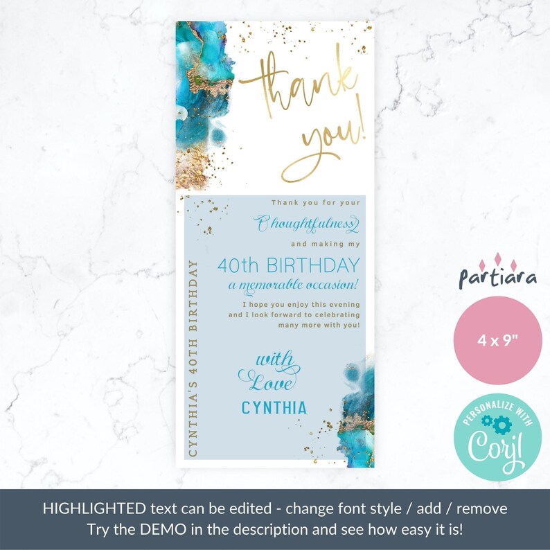 Birthday Thank You Card Table Decor Printable, Teal Aqua Blue Gold ...