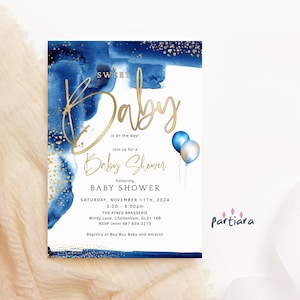 Junge Babypartyeinladungsvorlage, dunkelblaue Abendessen-Party-Paare laden druckbare, bearbeitbare digitale Download-Karte P260 ein