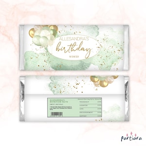 Geburtstag Candy Label Wrap Sage Grün Gold Schokolade Wrapper Damen Party Luftballons Favor Printable Bearbeitbare Digitaler Download Vorlage P232