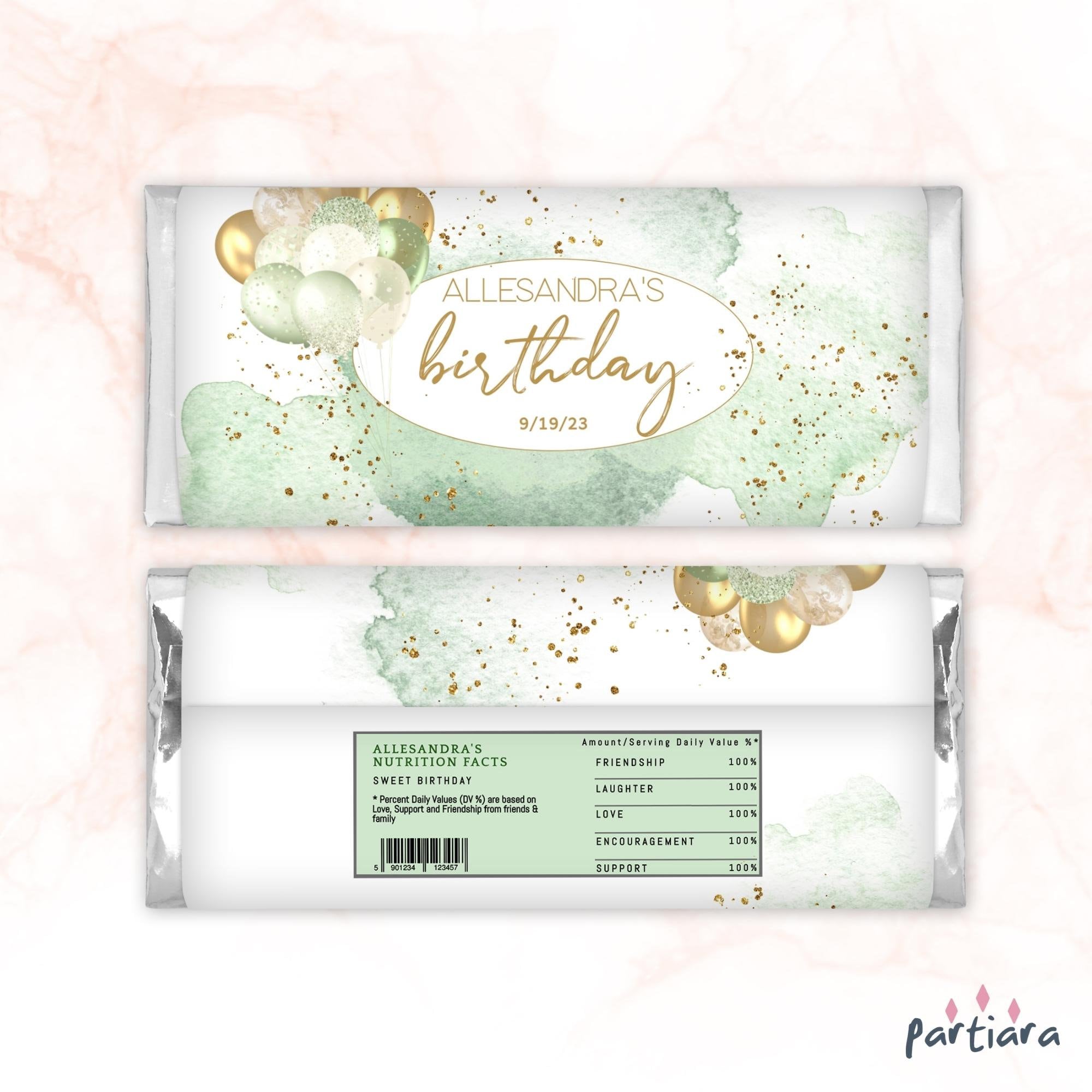 Birthday Candy Label Wrap Sage Green Gold Chocolate Wrapper Ladies Party Balloons Favor Printable Editable Digital Download Template P232