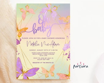 Orange Butterfly Baby Shower Invite Template, Girls Purple Ombre Butterflies Invitation Printable, Editable Digital Download Template P101