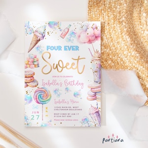 Faire-part d'anniversaire quatre jamais doux, bonbon pour 4e anniversaire de fille, invitation imprimable, carte de bonbons arc-en-ciel, modèle P873 en téléchargement numérique