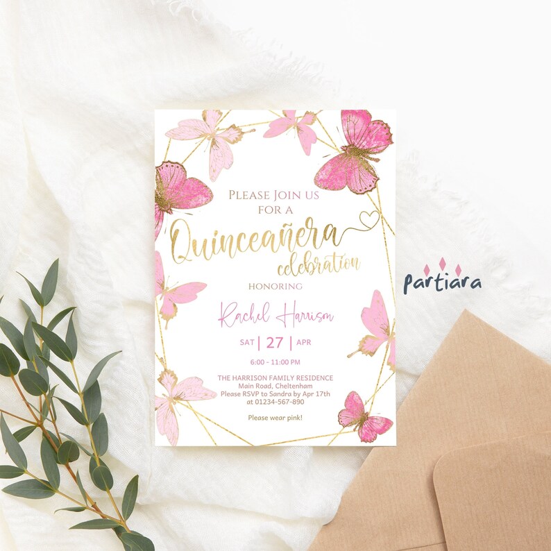Quinceanera Birthday Invite Butterflies Printable Pink Gold Dinner Party Invitation Editable Digital Download Template P144
