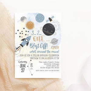 Birthday Space Invitation Template, 3 2 1 Blast Off Rocket To The Moon Invite Printable for Boys, 1st 2nd or 3rd Outer Space, Editable P166
