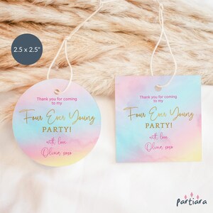 Quatre étiquettes toujours jeunes, 4e anniversaire faveur cadeaux étiquette imprimable, filles pastel arc-en-ciel autocollant étiquettes modifiable en téléchargement numérique modèle P179