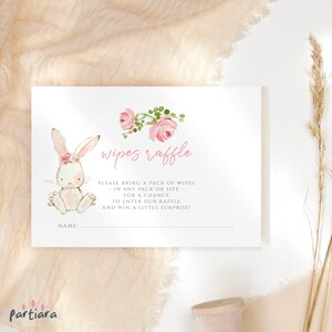 Wipes Raffle Card Bunny Baby Shower Vorlage, Floral Kaninchen Einladung Einsätze druckbar, Mädchen bearbeitbare digitale Spielkarten P376