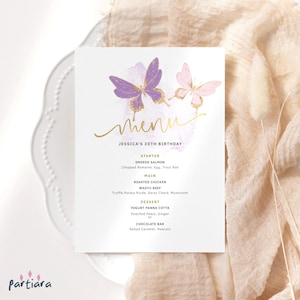 Butterfly Baby Shower Menu Printable Editable Template, Pink Purple Lilac Gold Table Decor Girl 1st Birthday Baptism Menu Download P345
