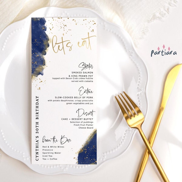 Blue Gold Menu Card Editable Template Birthday Party Dinner Table Menus, Navy Blue and Gold Tables Decor, DIY Printable Download P132
