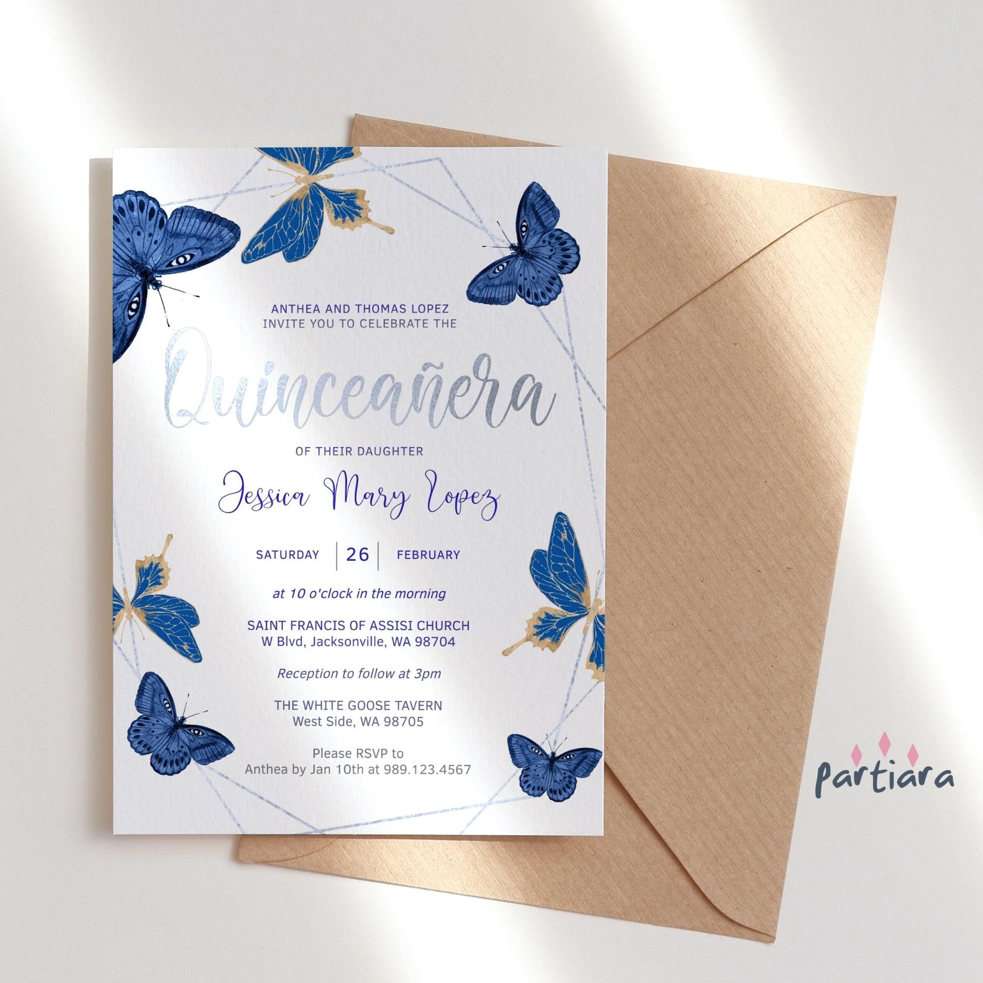 Gold and Blue Glitter Quinceanera Invitations, Blue Quinceañera