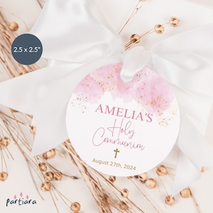 Rosa Kommunion-Tag-Vorlage, Mädchen für Geschenkanhänger zum Ausdrucken, Erstkommunion-Partyetiketten zum Ausdrucken, bearbeitbare Datei, Download P364