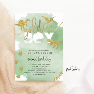 Boy&#39;s Dinosaur Golden Birthday Invitation Printable Greens and Gold Rustic Party Invite Editable Digital Download Template P306