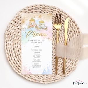 Menu Księżniczki, Karty Menu Urodzinowego, Bajkowe Menu Do Wydrukowania, Menu Na Stole Na Przyjęcie Dziewczęce, Dekoracja Pastelowego Powozu, Edytowalny Szablon P137