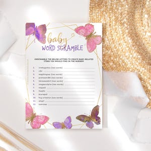 Butterfly Baby Shower Word Scramble Game Editable Template, Girls Party Activity Games Printable, Pink Purple Lilac Decor, Download P337