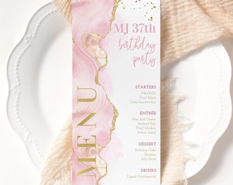 Pink Gold Agate Birthday Menu Printable Ladies Dinner Party Table Menu Editable Template Pastel Shades of Pink Tables Decor Download P488