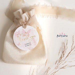 Etiqueta de agradecimiento para fiesta de mariposas, imprimible, etiqueta de regalo de mariposas para el bautismo del primer cumpleaños de niñas, plantilla editable en oro rosa P293