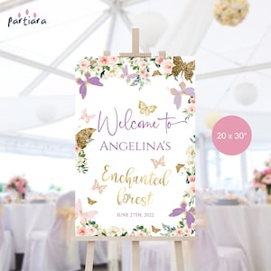 Cartel de bosque encantado, póster de bienvenida para primer cumpleaños imprimible, decoración floral de mariposas para fiesta en el jardín, color rosa lila, descarga editable P328