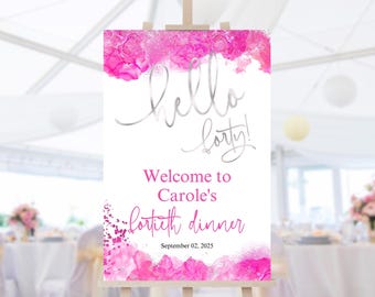 Cartel de bienvenida de Hello Forty, plantilla de póster de bienvenida de 40 cumpleaños en rosa intenso, descarga digital editable de 24 x 36 para damas P200