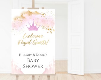 Princess Baby Shower Welcome Sign, Royal Party Pink and Gold (24x36 Editable Template) P137