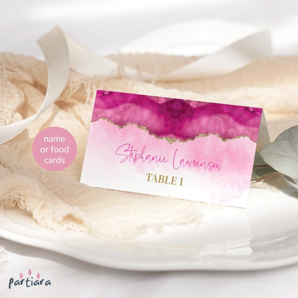 Editable Fuchsia Pink Name Card Template Ladies Birthday Dinner Party Table Seating Cards Printable Hot Pinks and Gold Decor Download P700