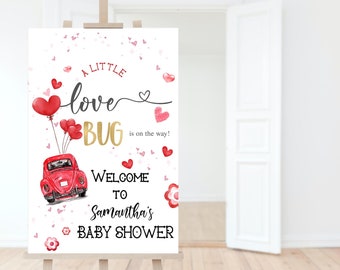 Baby Love Bug Baby Shower Welcome Sign Vintage Beetle Car Decor Editable Red Sweetheart Boy Girl Party Welcome Poster Decor Printable P121