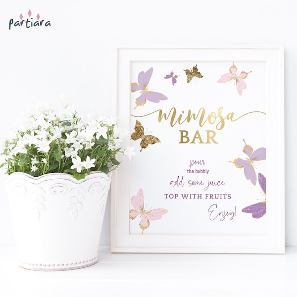 Butterfly Mimosa Bar Sign Printable Bridal Shower Mimosa Drinks Table Poster Decor Editable Download Template Pink Lilac Gold P345