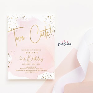 Modèle rose 2e anniversaire inviter deux fête mignon pour les filles, décoration pastel paillettes d'or, imprimable, téléchargement numérique modifiable P458