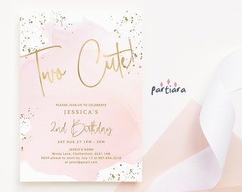 Two Cute Birthday Invitation Template: Girls 2nd Party Invites Printable, Pastel Pink P458