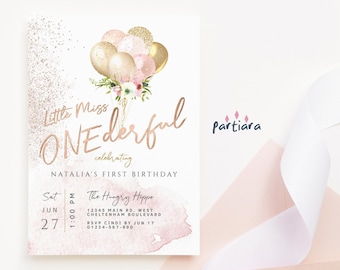 Girls ONEderful Birthday Invite Printable Rose Gold 1st Birthday Party Invitation Blush Pink Floral Balloons Decor Editable Download P382