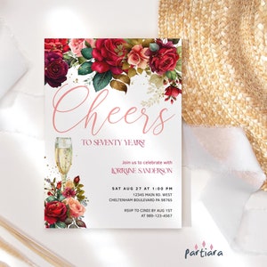 Rozen verjaardagsuitnodiging, rode bloemen uitnodigingssjabloon, dames Cheers to 60 Years Card afdrukbare, brunch lunch diner evenementen bewerkbare P790