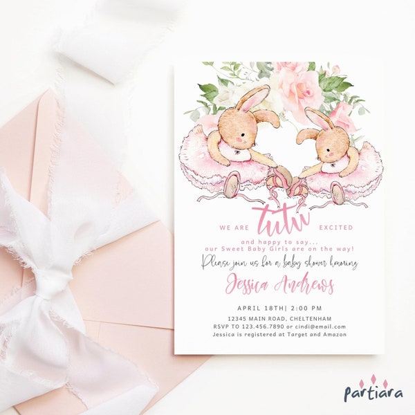 Ballerine Baby Shower Invite Twin Girls Tutu Bunny Rabbit Party Imprimable Rose Aquarelle Floral Modèle modifiable Téléchargement numérique P62