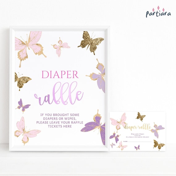 Butterfly Baby Shower Diaper Raffle Sign and Tickets Printable Girl Party Game Card Editable Digital Download Pink Lilac Decor P345