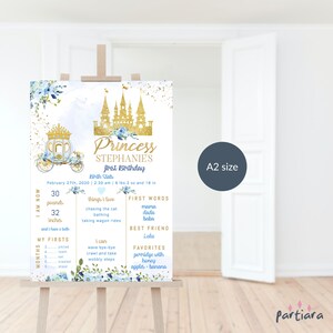 Modèle de carte anniversaire princesse graphique 1er anniversaire, filles bleu château de conte de fées floral première année stats naissance signe imprimable P137