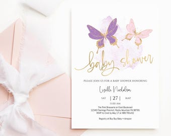 Invitación de baby shower con mariposas, invitación digital con mariposas para niña, decoración rosa, púrpura y dorada, plantilla editable P345