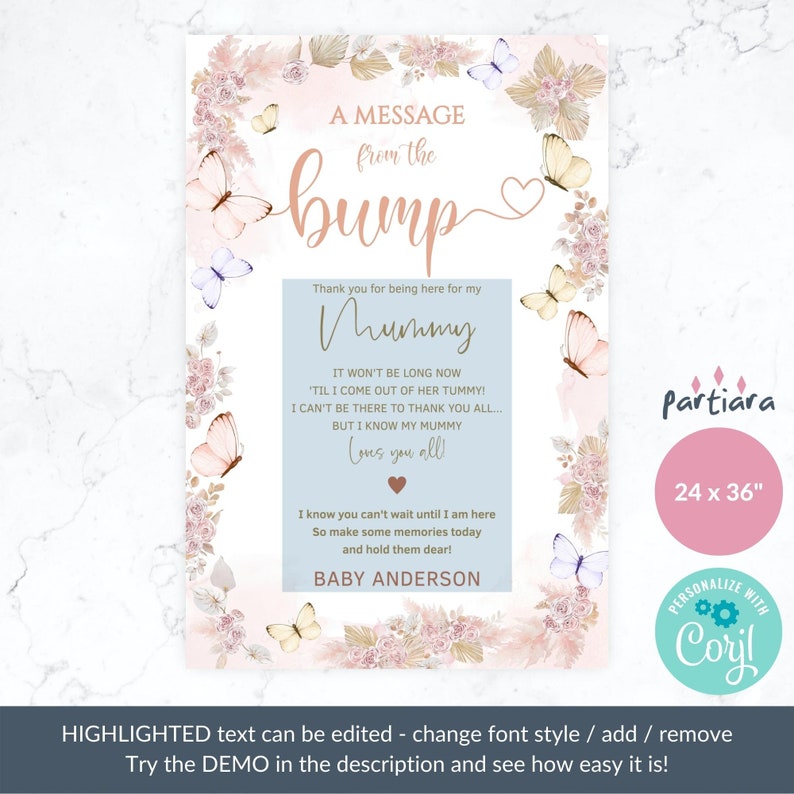 A Message From the Bump Boho Baby Shower Pink Pampas Butterfly