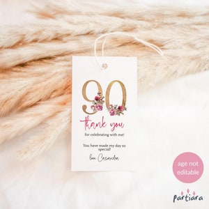 Damen 90er Jahre Tags, Geburtstag Dankeschön Geschenkanhänger Vorlage, rosa rot Boho Floral Party Decor druckbar, bearbeitbarer digitaler Download P195