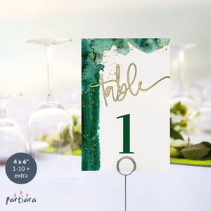 Numeri da tavolo verde oro, decorazioni per cene di anniversario in smeraldo stampabili, biglietti da visita digitali modificabili per eventi per ragazze o donne adolescenti P205