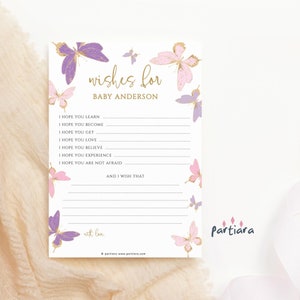 Schmetterlinge Wünsche für Baby Spiel Printable Mädchen Baby Shower bearbeitbare Party Aktivität Karten Einfügen Rosa Lila Lila Gold Dekor P6 P345