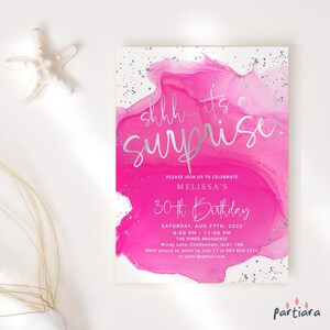 Pink Surprise Party Invitation, Girls Birthday Invite Template, Hot Fuchsia Pink and Silver Decor Card Printable, Editable Download P200