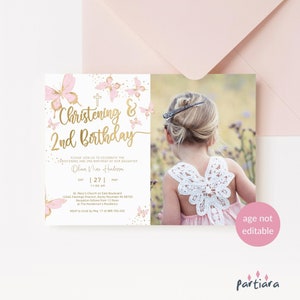 Modelo de convite de batizado para 2º aniversário, convite para festa conjunta de borboletas para meninas para impressão, decoração rosa pastel, cartão com foto editável P293