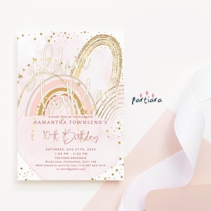 Golden Birthday Invitation Girl Printable Gold Rainbows Party Invites Any Age Editable Blush Pink Invite Template Digital Download P249 P136